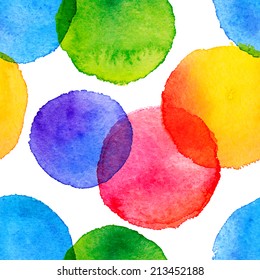 Bright watercolor painted circles vector seamless pattern