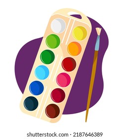 Bright watercolor paints in box and brushes in cup. Tools for drawing. Graphic design element for children s art class. Cartoon flat vector icon
