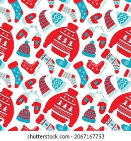 A bright watercolor pattern of winter clothes in red and blue. For printing on fabric, clothing, gift paper, packaging and much more. Vector image with a sweater, socks, hats and mittens.