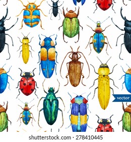 bright watercolor seamless pattern with beetles, white background