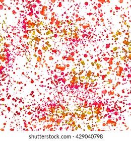 Bright watercolor seamless pattern. White background with colorful red and gold paint drops texture.Freehand acrylic splash backdrop.Vector illustration.