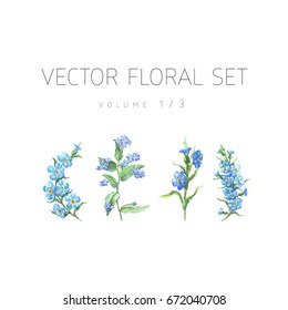 Bright watercolor set of vector flowers with leaf isolated on white background