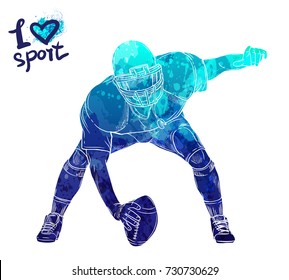 Bright watercolor silhouette of American football player. Vector sport illustration. Graphic figure of the athlete. Active people. Recreation lifestyle. Man. Logo I love sport.