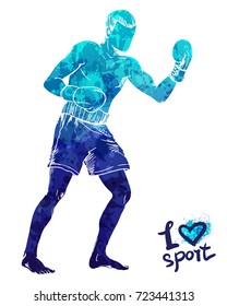 Bright watercolor silhouette of a boxing man. Vector sport illustration. Graphic figure of the athlete. Active people. Recreation lifestyle. Man. I love sport.