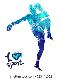 Bright watercolor silhouette of a boxing man. Vector sport illustration. Graphic figure of the athlete. Active people. Recreation lifestyle. Man. I love sport.