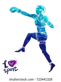 Bright watercolor silhouette of a boxing women. Vector sport illustration. Graphic figure of the athlete. Active people. Recreation lifestyle. Women. I love sport.