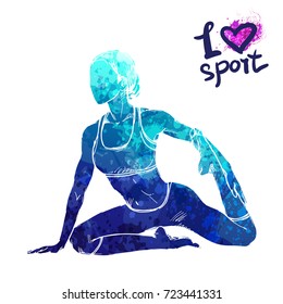 Bright watercolor silhouette of a girl doing yoga. Vector sport illustration. Graphic figure of the athlete. Active people. Recreation lifestyle. Women. I love sport.