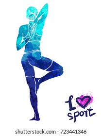 Bright watercolor silhouette of a girl doing yoga. Vector sport illustration. Graphic figure of the athlete. Active people. Recreation lifestyle. Women.