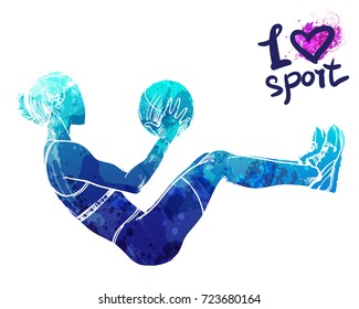 Bright Watercolor Silhouette Of A Girl Is Training With A Ball. Vector Sport Illustration. Graphic Figure Of The Athlete. Active People. Recreation Lifestyle. Women. I Love Sport.