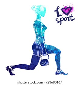 Bright watercolor silhouette of a girl is training with weight. Vector sport illustration. Graphic figure of the athlete. Active people. Recreation lifestyle. Women. I love sport.