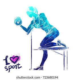 Bright Watercolor Silhouette Of A Girl Is Training With Dumbbells. Vector Sport Illustration. Graphic Figure Of The Athlete. Active People. Recreation Lifestyle. Women. I Love Sport.