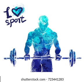 Silueta acuarela brillante de un hombre con una barbacoa. Ilustración deportiva vectorial. Figura gráfica del atleta. Personas activas. Estilo de vida recreativo.Hombre. Me encanta el deporte.