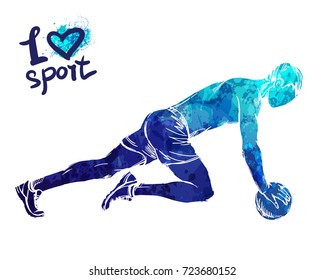 Bright watercolor silhouette of a man is training with a ball. Vector sport illustration. Graphic figure of the athlete. Active people. Recreation lifestyle. Man. I love sport.