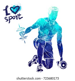 Bright Watercolor Silhouette Of A Man Is Training With Dumbbells. Vector Sport Illustration. Graphic Figure Of The Athlete. Active People. Recreation Lifestyle. Man. I Love Sport.