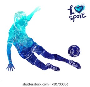 Bright watercolor silhouette of soccer player with ball.. Vector sport illustration. Graphic figure of the athlete. Active people. Recreation lifestyle. Man. Logo I love sport.