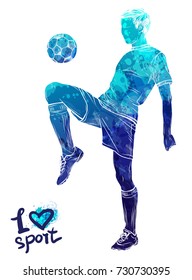 Bright Watercolor Silhouette Of Soccer Player With Ball.. Vector Sport Illustration. Graphic Figure Of The Athlete. Active People. Recreation Lifestyle. Man. Logo I Love Sport.