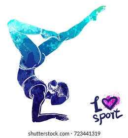 Bright Watercolor Silhouette Of A Stretching Girl. Vector Sport Illustration. Graphic Figure Of Yoga Athlete. Active People. Recreation Lifestyle. Women. I Love Sport.