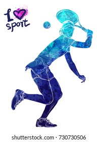 Bright watercolor silhouette of tennis player. Vector sport illustration. Graphic figure of the athlete. Active people. Recreation lifestyle. Women. Logo I love sport.