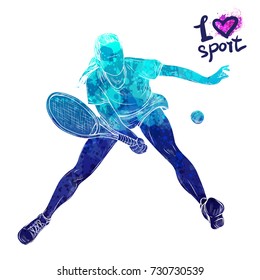 Bright watercolor silhouette of tennis player. Vector sport illustration. Graphic figure of the athlete. Active people. Recreation lifestyle. Women. Logo I love sport.