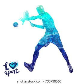 Bright Watercolor Silhouette Of Tennis Player. Vector Sport Illustration. Graphic Figure Of The Athlete. Active People. Recreation Lifestyle. Man. Logo I Love Sport.