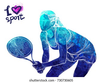 Bright watercolor silhouette of tennis player. Vector sport illustration. Graphic figure of the athlete. Active people. Recreation lifestyle. Women. Logo I love sport.