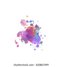 Bright watercolor spot with droplets, smudges, stains, splashes. Colorful multicolor blot in grunge style. To design and decor backgrounds, banners, flyers.