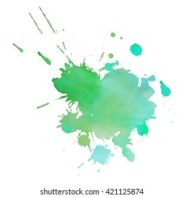 Bright watercolor spot with droplets, smudges, stains, splashes.  Green color blot in grunge style. To design and decor backgrounds, banners, flyers.