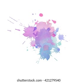 Bright watercolor spot with droplets, smudges, stains, splashes. Colorful multicolor blot in grunge style. To design and decor backgrounds, banners, flyers.