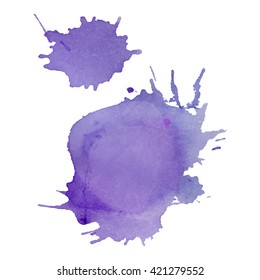 Bright watercolor spot with droplets, smudges, stains, splashes.  Violet color blot in grunge style. To design and decor backgrounds, banners, flyers.