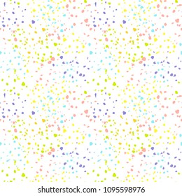 Bright watercolor spots seamless pattern. Hand drawn splash splatter spray vector texture. Brush painted stains. Colorful ink dots on white background. For textile print, wallpaper, wrapping paper.