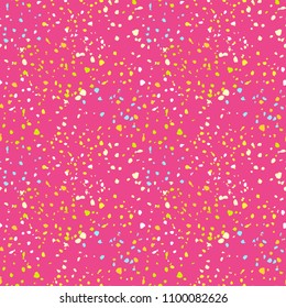 Bright watercolor spots seamless pattern. Hand drawn splash splatter spray vector texture. Brush painted stains. Colorful ink dots on pink background. For fabric ditsy print, wrapping paper, scrapbook