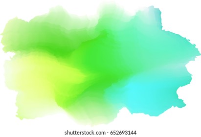 Bright watercolor stain. Blue and green hand drawn background. Vector template for design. Color trend. 