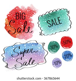 Bright watercolor stains with labels discount. Set of vector illustrations EPS10