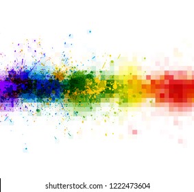 Bright watercolor stains paint splashes background with pixels mosaic.