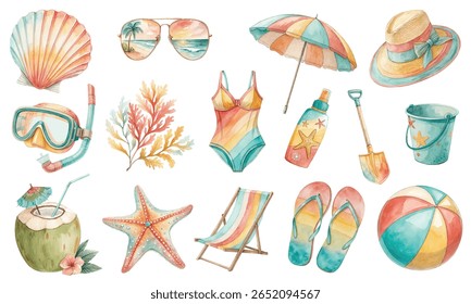 Bright watercolor summer collection in warm pastel tones. Perfect for beach-themed designs, invitations, travel blogs, summer decor, and digital projects.