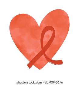 Bright watercolor textured heart with red ribbon - HIV AIDS awareness symbol emblem logo isolated on white. Vector illustration. Healthcare medical, support, charity concept for World AIDS Day