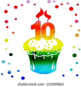 bright watercolor vector cupcake tenth birthday