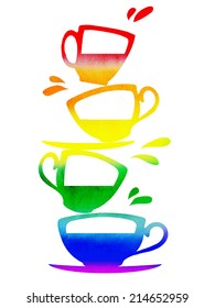 bright watercolor vector cups in a stack with splashes in the rainbow