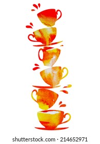 bright watercolor vector cups in stack and splashes in red