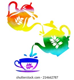 bright watercolor vector teapots is poured into the cup with splashes in the rainbow