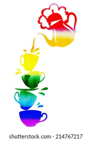 bright watercolor vector teapots and steam pours into the stack cups in the rainbow 