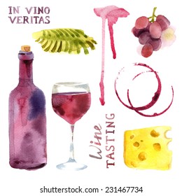 Bright watercolor wine design elements (in vino veritas - verity in wine)