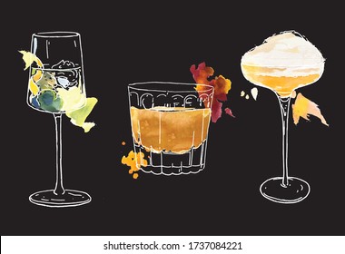 Bright watercolour exotic bar menu. Coctails with color splash. Set of coctails