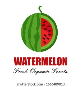 Bright watermelon fruit vector logo. Fresh cartoon organic vegetables with isolated names on a white background used for magazines, books, posters, cards, menu covers, web pages.
