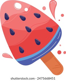 Bright watermelon popsicle illustration dripping juice. Cartoon style summer treat red, green, brown stick. Refreshing dessert vector art isolated white background