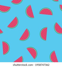 Bright watermelon seamless pattern Vector illustration in flat design Pieces of ripe fruit on blue background