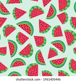 Bright watermelon seamless pattern vector. Cartoon hand-drawn watermelon slices with seeds on a light green background pattern. Natural dessert endless texture for food packing, kitchenware and more