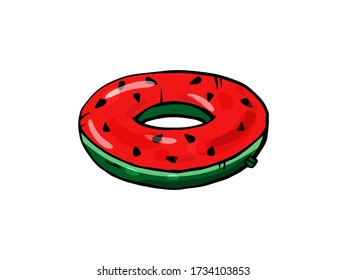 Bright watermelon swimming circle on a white isolated background. Hand drawn. Vector.