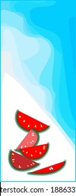 Helle Wassermelone. Vektorgrafik. Scheiben auf blauem Hintergrund. Vertikale Postkarte, Banner ohne Text. Essen, Obst zum Drucken.