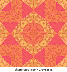 Bright wave seamless pattern with abstract flower.Vector illustration. Vivid colors. Zentangle festive doodle pattern.